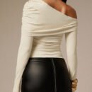 Asymmetric Off-Shoulder Pleated Long Sleeve Slim Fit Top