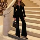 Autumn Winter Retro Black V-Neck Slim Top & Bell Bottom Pants Elegant Set