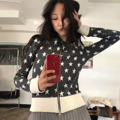 Retro Contrast Color Slim Fit Zip-Up Hoodie Jacket for Women