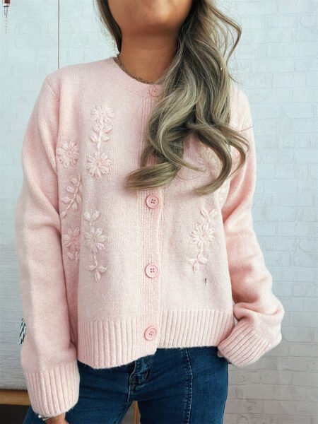 Autumn Winter Floral Embroidered Solid Color Knitted Cardigan