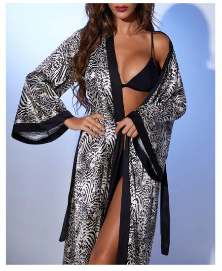 Sexy Leopard Print Satin Tie Nightgown & Bathrobe for Women