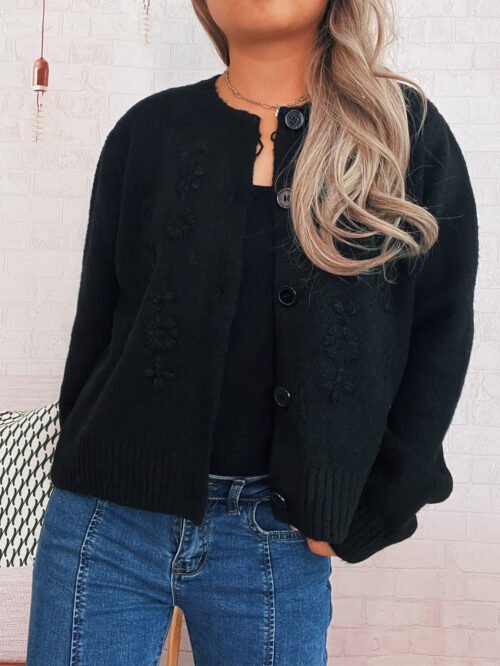 Autumn Winter Floral Embroidered Solid Color Knitted Cardigan