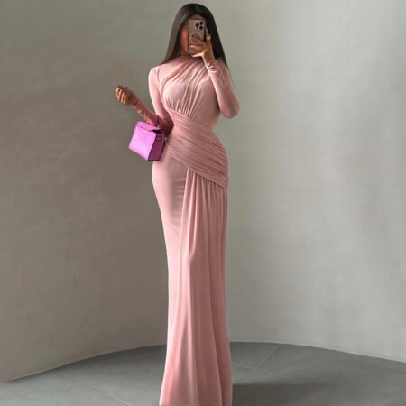 AUTUMN WINTER PLEATED ROUND NECK SLIM FIT LONG SLEEVE DRESS