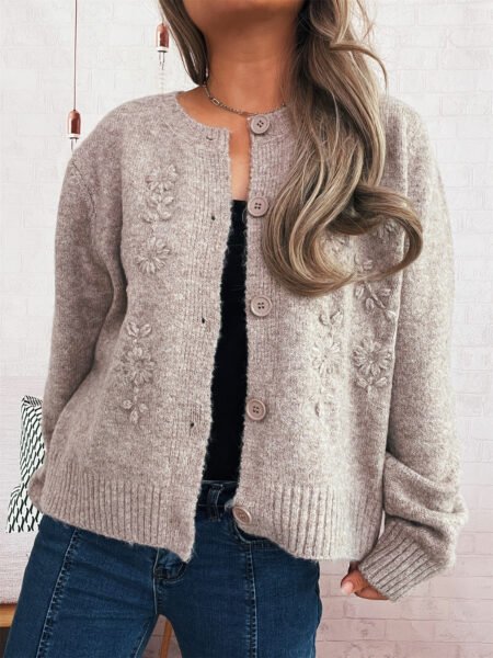 Autumn Winter Floral Embroidered Solid Color Knitted Cardigan