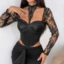 Satin Lace Halter Boning Corset Top with Slim Long Sleeves