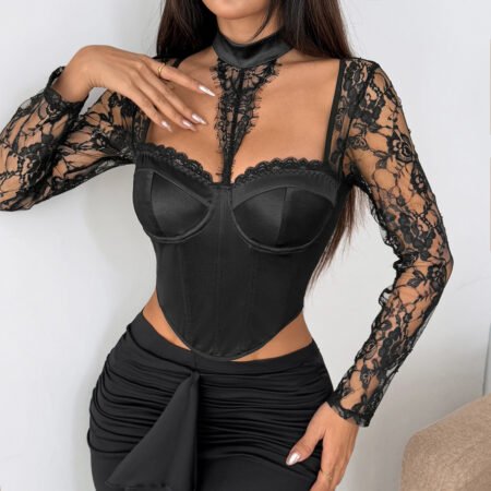 Satin Lace Halter Boning Corset Top with Slim Long Sleeves