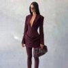 Autumn Winter Slim Fit Deep V Plunge Blazer Mini Dress