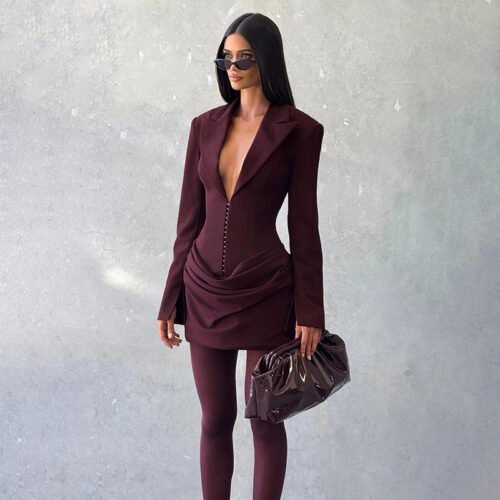 Autumn Winter Slim Fit Deep V Plunge Blazer Mini Dress