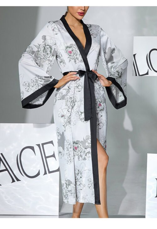 Sexy Floral Satin Nightgown with Trumpet Sleeves for Women