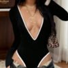 Deep V High Elastic Contrast Trim Long Sleeve Jumpsuit