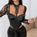 Autumn Lace Stitching Satin Halter Boning Corset Slim Long Sleeve Top