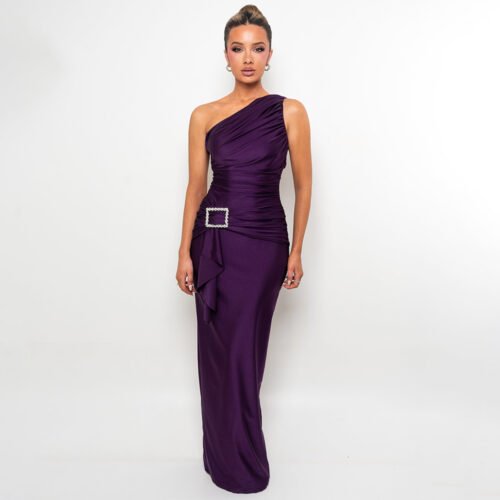 Elegant One-Shoulder Pleated Maxi Sheath Dress