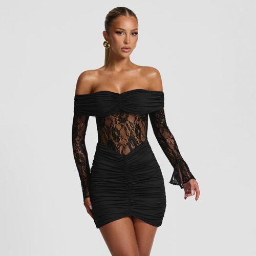 Autumn Winter Off-Shoulder Lace Stitch Slim Hip Mini Dress