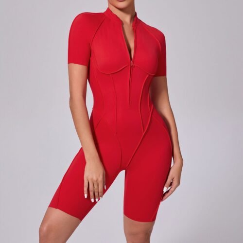 FlexZip Short‑Sleeve Fitness & Yoga Jumpsuit
