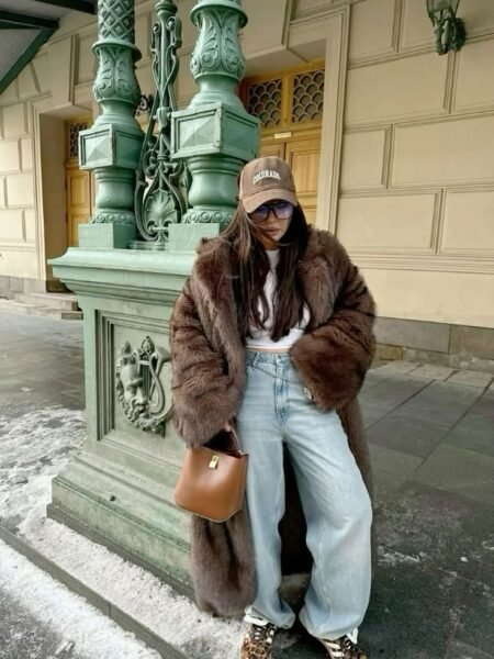 Women’s Vintage Brown Faux Fur Coat – High-Grade Winter Jacket