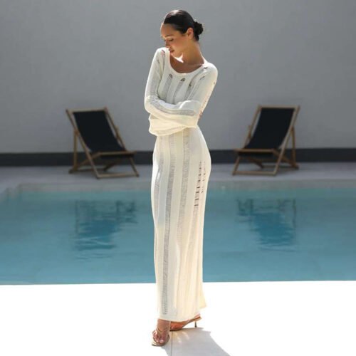 AUTUMN CUTOUT BARE BACK SLIM FIT KNITTED LONG SLEEVE DRESS