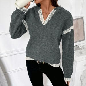 Casual Loose V-neck Hooded Sweater – Dark Gray with Contrast Trim
