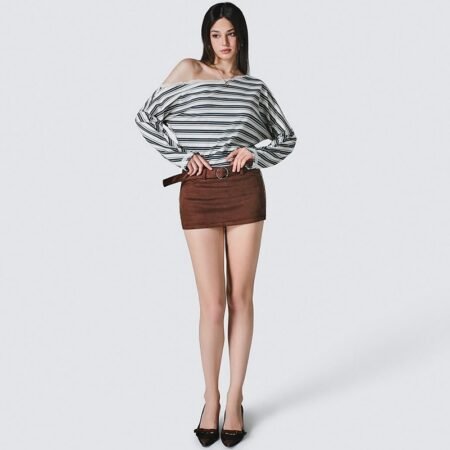 Autumn Winter Striped Lace Knitted Long Sleeve Top for Women