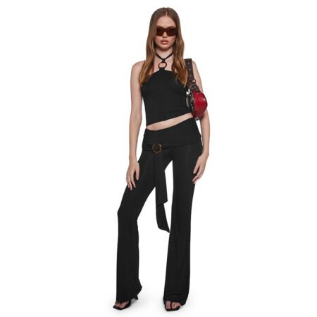 Summer Autumn All Match Casual Low Waist Slim Bootcut Trousers with Ring Decoration