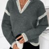 Loose V-Neck Contrast Trim Hooded Sweater for Casual Autumn Style