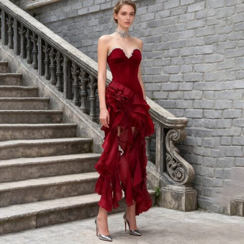 Wine Red Diamond-Trimmed Ruffled Tube Mini Dress