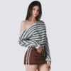 Autumn Winter Striped Lace Knitted Long Sleeve Top for Women