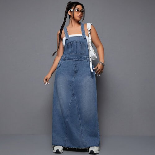 Plus Size Women Clothing Denim Cool Spicy Suspender Skirt