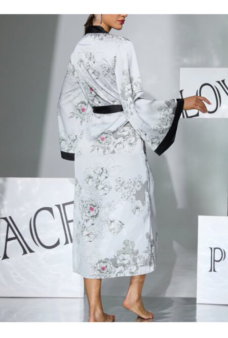 Sexy Floral Satin Nightgown with Trumpet Sleeves for Women