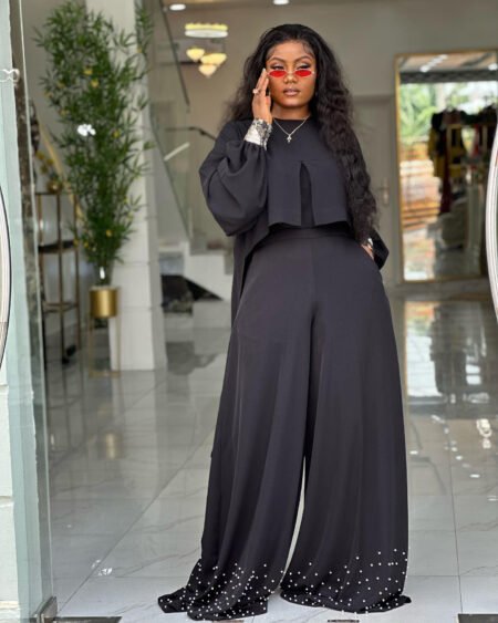 Women Clothing Spring Summer Round Neck Asymmetric Bishop Sleeve Top & Beaded Wide-Leg Pants Set