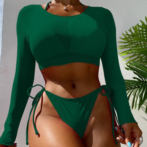 MeshCoast Long‑Sleeve Three‑Piece Bikini Set