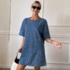 Denim Straight Short Sleeve Casual Dress Blue Cotton