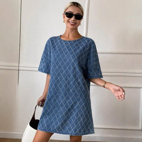 Denim Straight Short Sleeve Casual Dress Blue Cotton