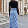 High Waist Split Slim Fit Sheath Denim Skirt for Women