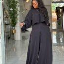 Spring Summer Asymmetric Bishop Sleeve Top & Beaded Wide-Leg Pants Two Piece Set
