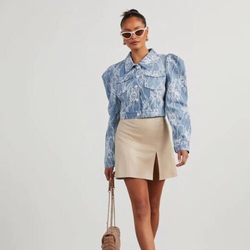 Spring Casual Floral Lace Detail Denim Jacket for Women