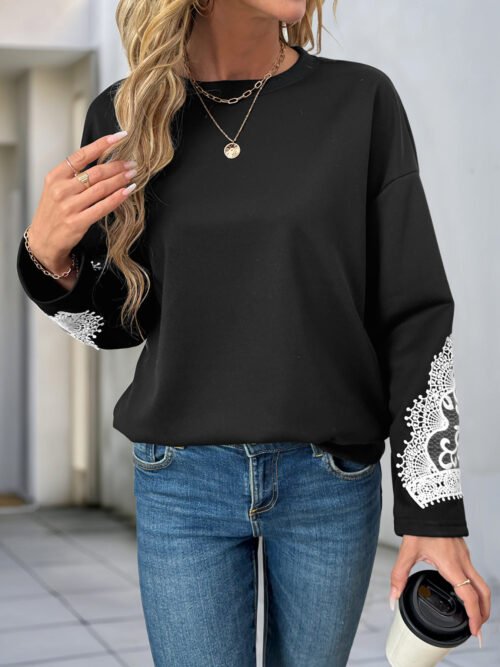 Autumn Round Neck Lace Stitching Pullover Sweatshirt for Women