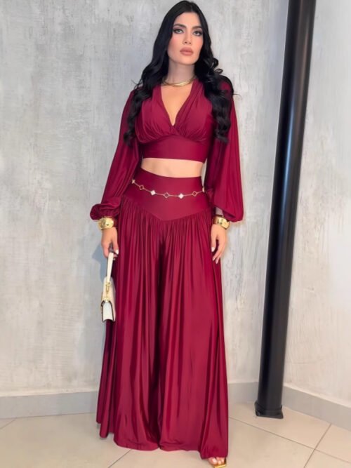 Summer Exposed Cropped Pleated Top & Wide-Leg Pants Set