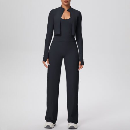 yoga three piece set, zip jacket workout outfit, women athleisure set,