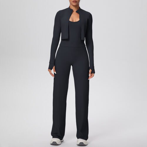 yoga three piece set, zip jacket workout outfit, women athleisure set,