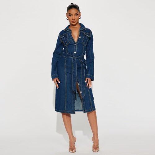 Women Wear Denim Long Sleeved Jacket Mid Length Dress