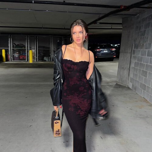 Sexy Strap Lace Slim Sheath Print Retro Dress