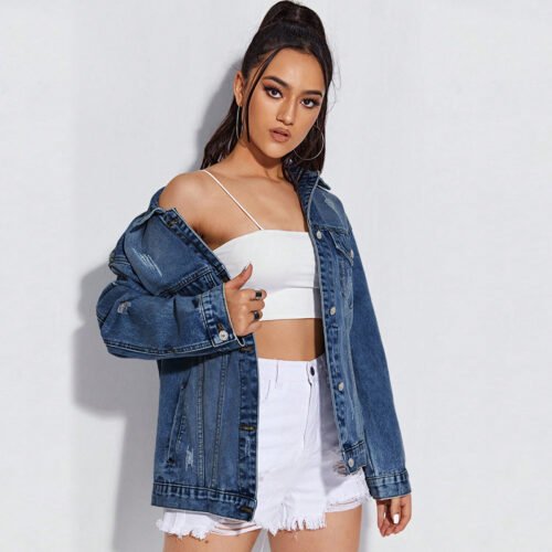 Classic Ripped Denim Jacket for Women – Long Sleeve Casual Style