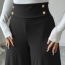 Slimming Black High Waist Wide Leg Office Pants with Metal Fastener