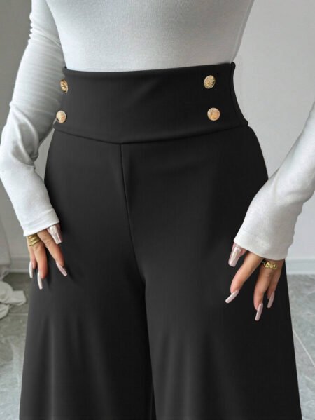 Slimming Black High Waist Wide Leg Office Pants with Metal Fastener