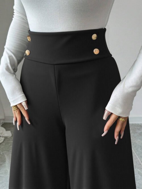 Slimming Black High Waist Wide Leg Office Pants with Metal Fastener
