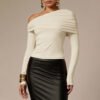 Asymmetric One Shoulder Off Shoulder Pleated Long Sleeve Slim Top