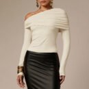 Asymmetric One Shoulder Off Shoulder Pleated Long Sleeve Slim Top