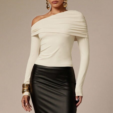 Asymmetric One Shoulder Off Shoulder Pleated Long Sleeve Slim Top