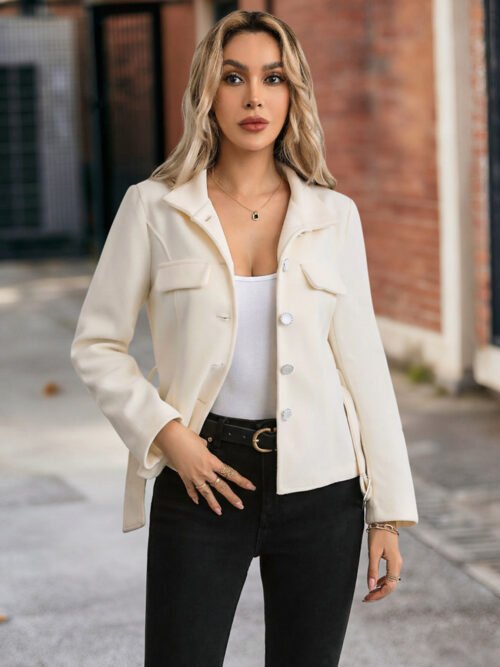 Women’s Belted Stand Collar Wool Coat – Elegant Winter Outerwear
