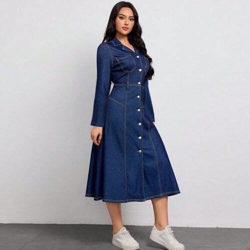 High Class Waist Slimming Long Sleeve Elegant Denim Dress